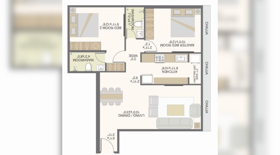 Rudra-Paradise-FLoor-Plan-2 BHK - 758 Sqft